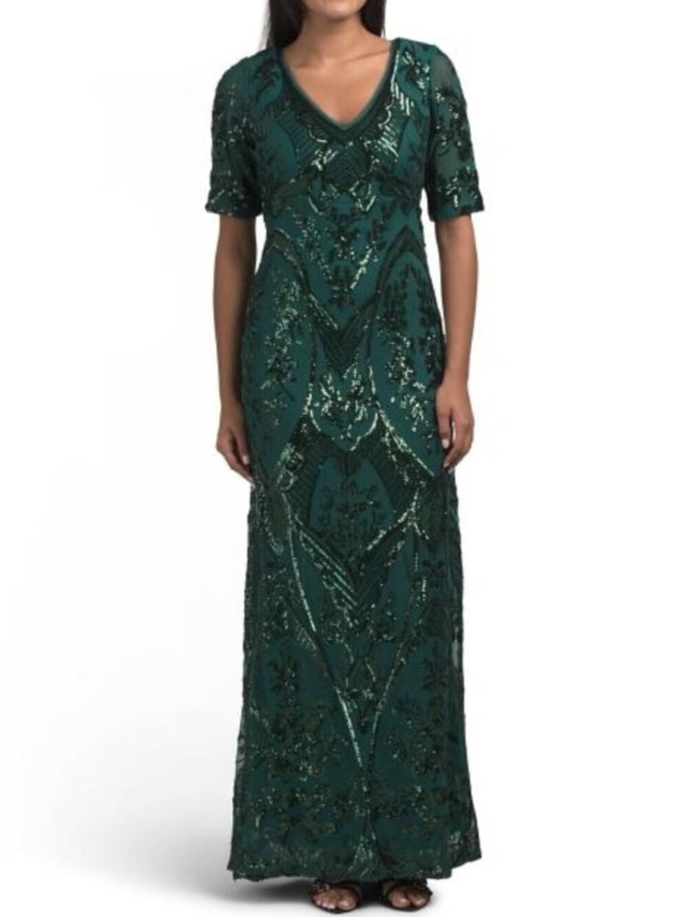 BETSY & ADAM Short Sleeve Sequin Gown